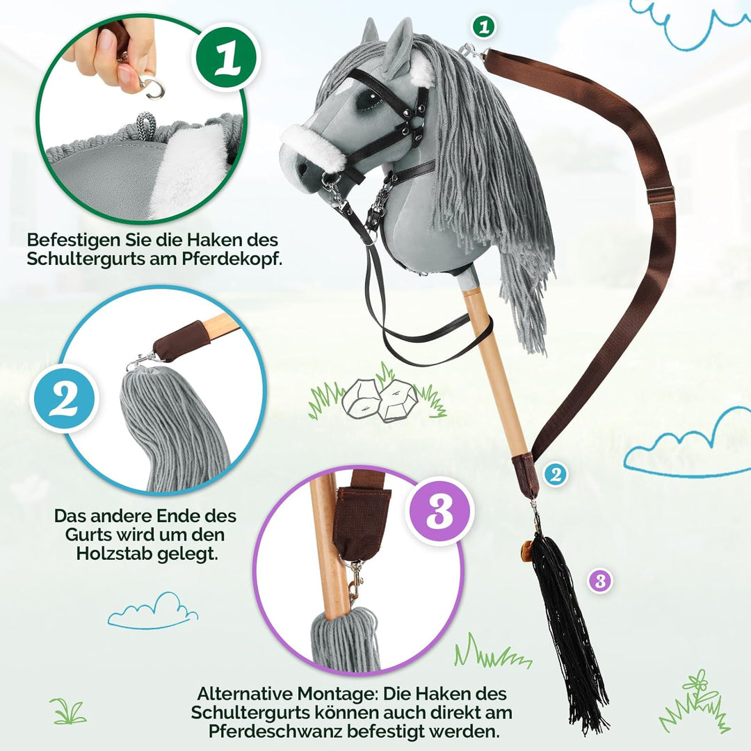Hobby Horse, A3 Kopfgrösse Steckenpferd Kinder, Hobby Horsing mit Weichem Plüschhalfter, Fliessendem