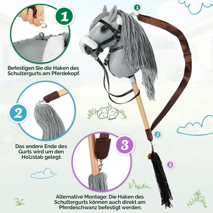 Hobby Horse, A3 Kopfgrösse Steckenpferd Kinder, Hobby Horsing mit Weichem Plüschhalfter, Fliessendem