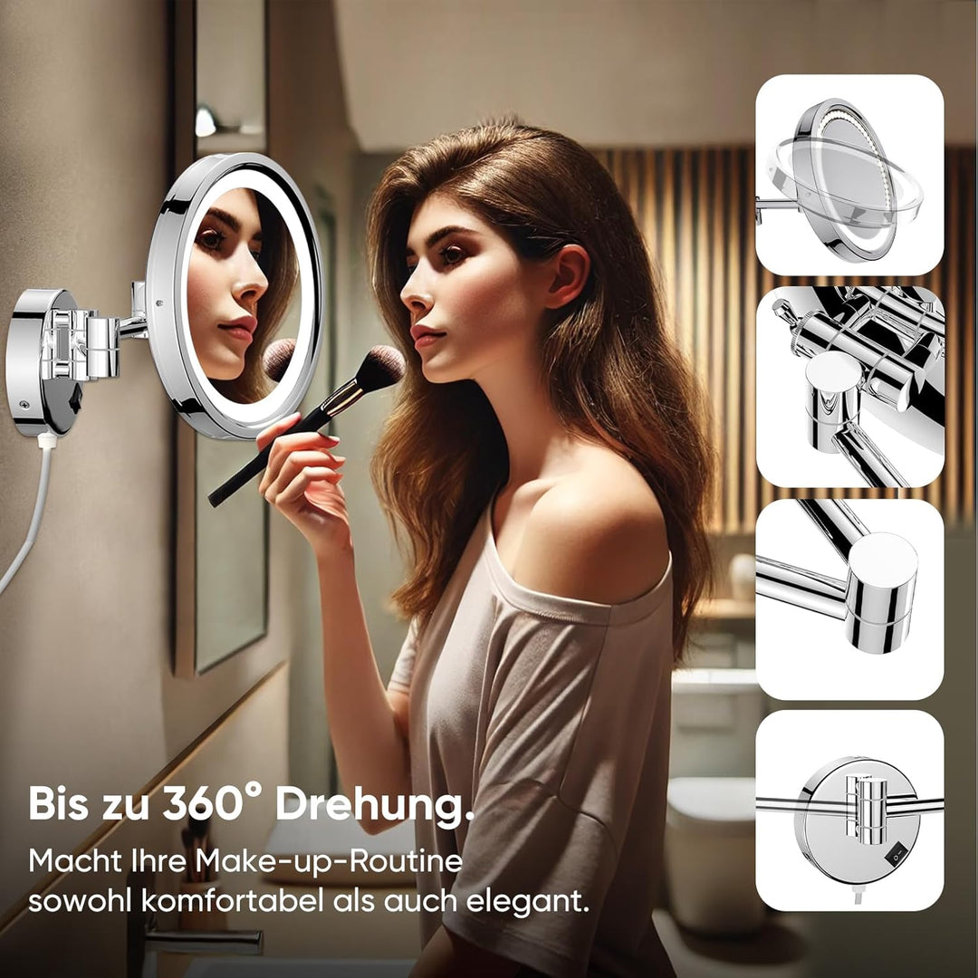 DOWRY Kosmetikspiegel mit Beleuchtung Wandmontage LED Schminkspiegel 10 Fach - 3 Farben Lichtern - 3