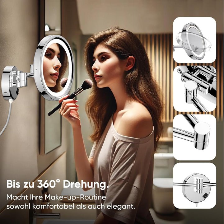 DOWRY Kosmetikspiegel mit Beleuchtung Wandmontage LED Schminkspiegel 10 Fach - 3 Farben Lichtern - 3