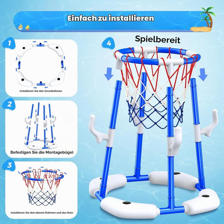 HaoVrisn Pool Basketballkorb Kinder Set, 2-in-1 Pool Spielzeug mit Ringwurf Spiel- 4 Bälle, 12 Ringe