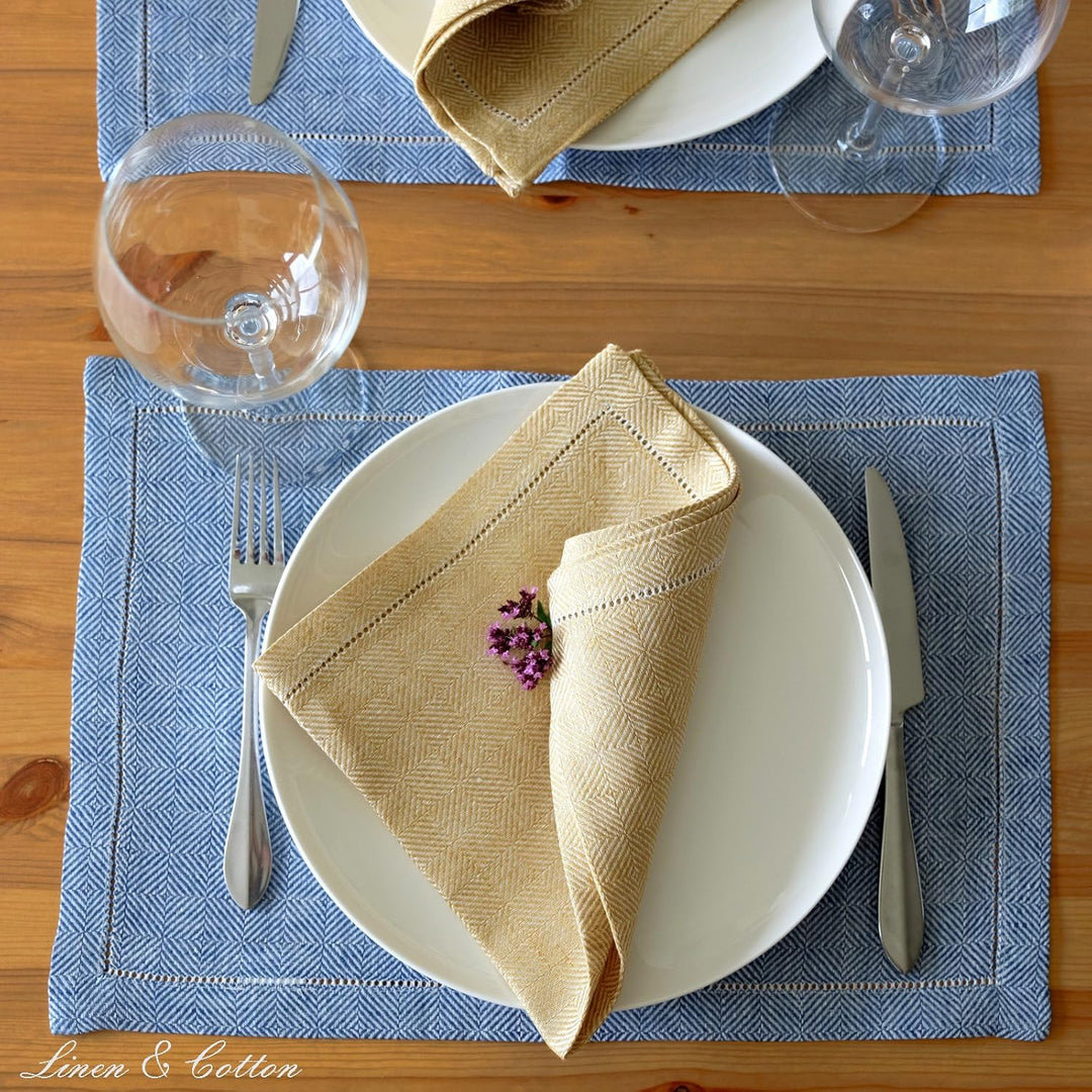 Linen & Cotton Hochwertig Tischsets Platzsets mit Hohlsaum Scandi - 100% Leinen, Dunkelblau (30 x 44