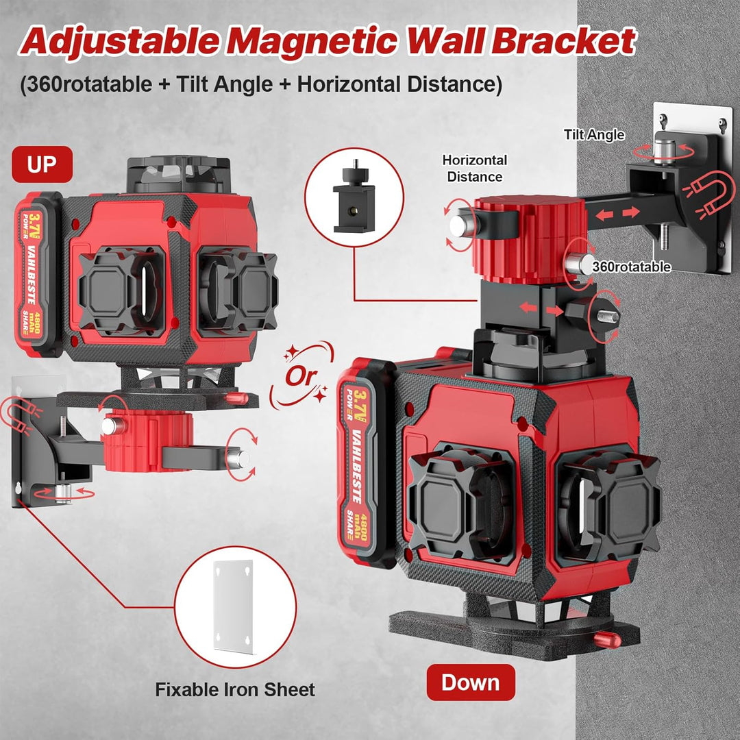 Kreuzlinienlaser mit Stativ, Laser Wasserwaage mit 2x4800 mAh Batterien, 4x360 Grad Laser Level mit