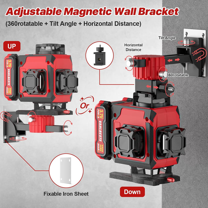 Kreuzlinienlaser mit Stativ, Laser Wasserwaage mit 2x4800 mAh Batterien, 4x360 Grad Laser Level mit