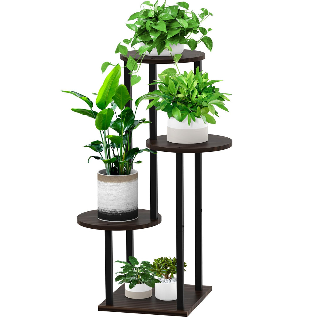 YOCOMEY 4 Tier Hölzern Blumenregal Metall Pflanzenregal, Mehrstöckig Blumenständer Pflanzenständer B