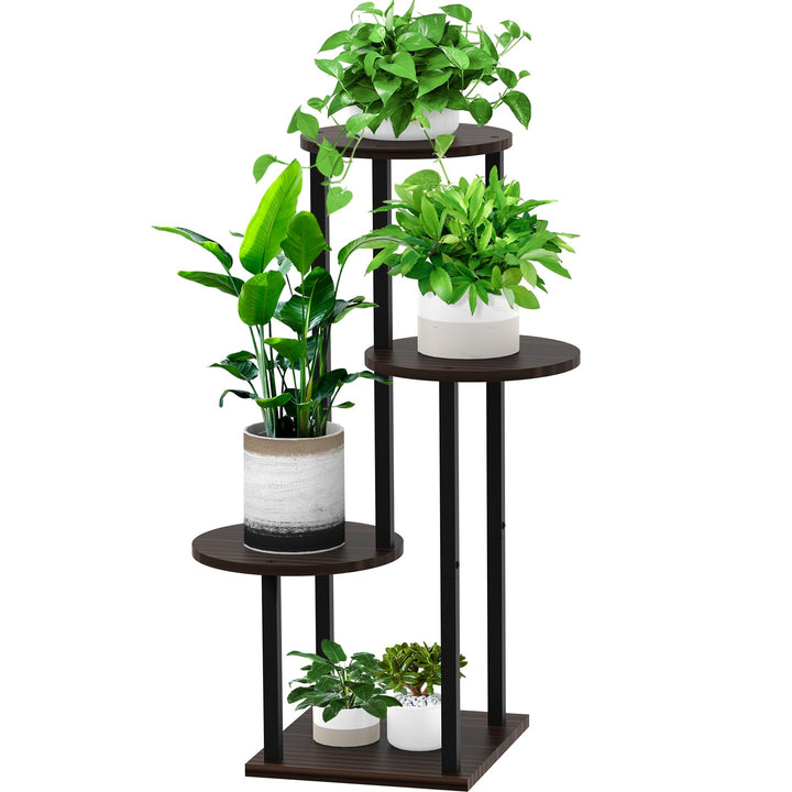 YOCOMEY 4 Tier Hölzern Blumenregal Metall Pflanzenregal, Mehrstöckig Blumenständer Pflanzenständer B