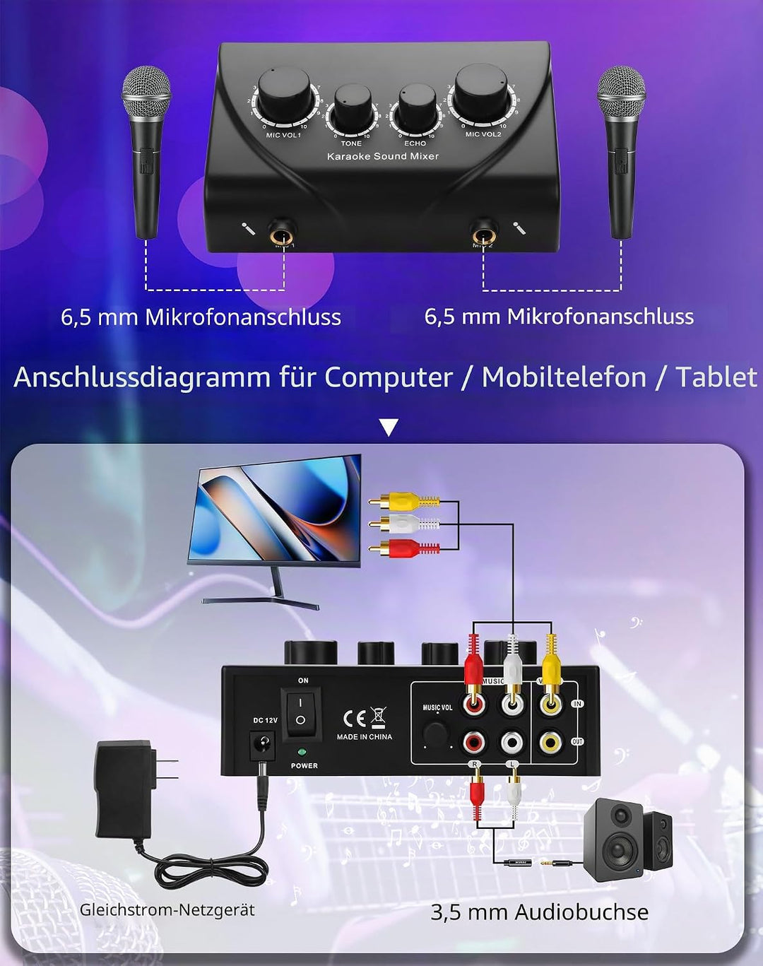 CERRXIAN Karaoke-Soundmixer, zwei Mikrofonanschlüsse mit Echo-Regler, kompatibel mit Fernseher, Comp