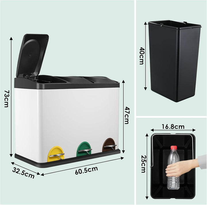 LIFERUN Mülleimer 3 Fächer, 3X 15L Mülltrennsystem, 45 Liter Abfalleimer Küche, Gross Edelstahl Tret