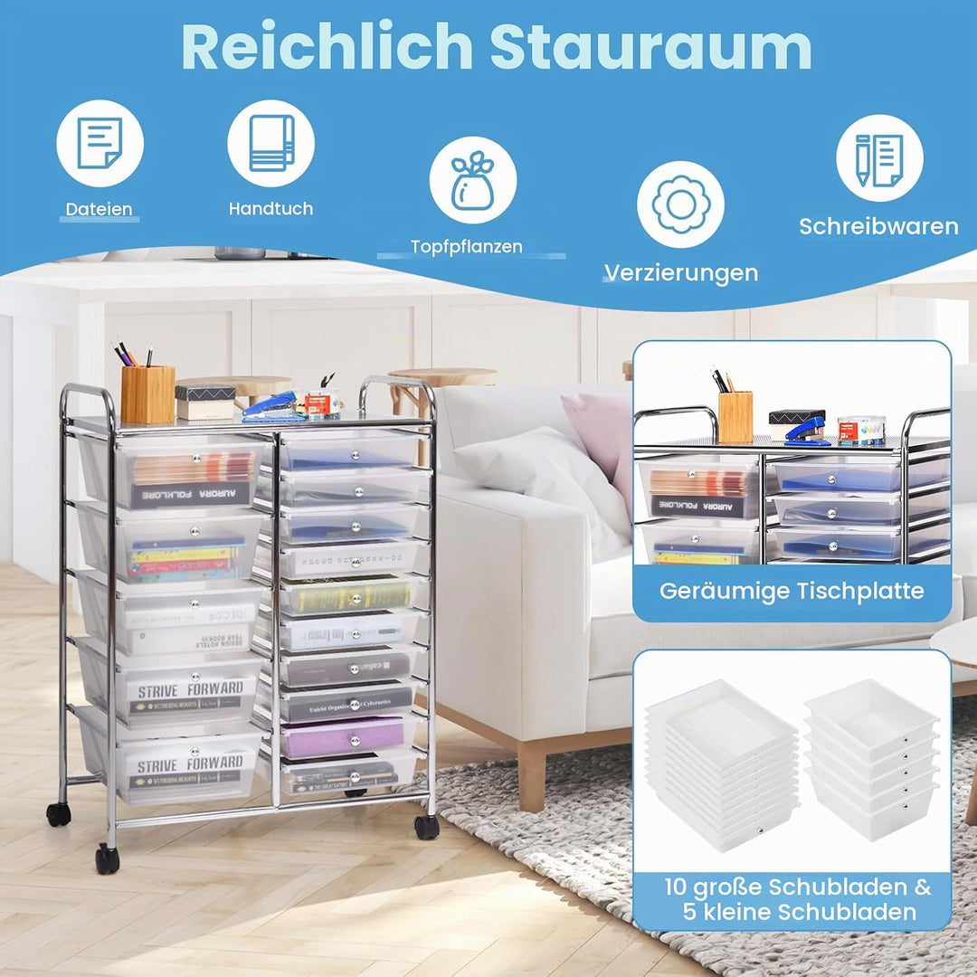KOMFOTTEU Rollwagen mit 10/15 Schubladen stapelbar, Badrollwagen Rollcontainer mit Metallrahmen, All