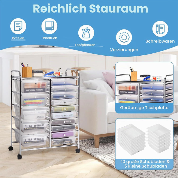 KOMFOTTEU Rollwagen mit 10/15 Schubladen stapelbar, Badrollwagen Rollcontainer mit Metallrahmen, All