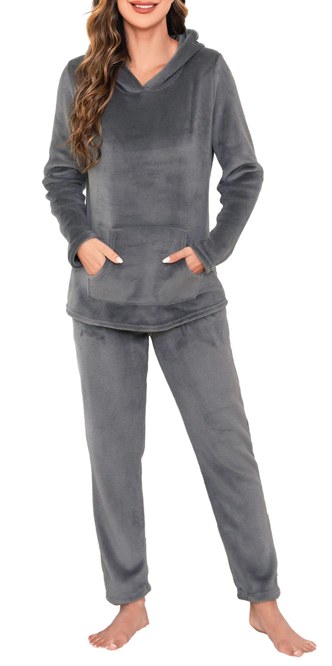 Lovasy Fleece Schlafanzug Damen Winter Lang Pyjama Set Warmer Flauschiger Frottee Schlafanzüge für D