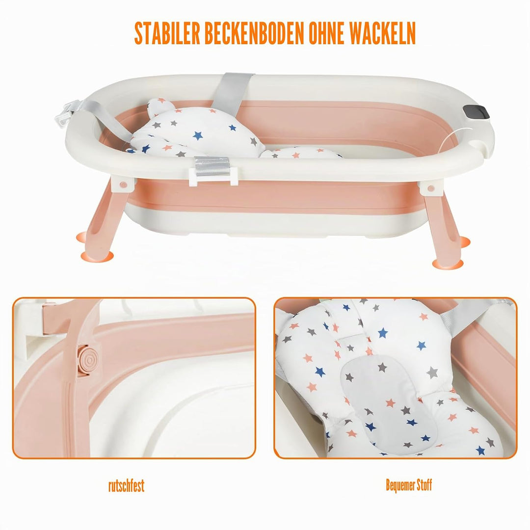 Faltbare Baby Badewanne mit Rutschfestem Kissen – Babywanne Ergonomisch, Tragbare Badewanne für Neug