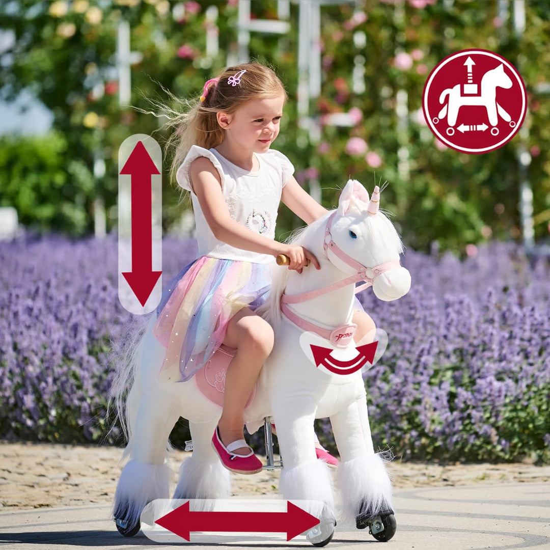 PONNIE Einhorn mit Rollen S (3-6 Jahre), Unicorn zum Reiten mit Abnehmbarer Rosa Sattel und Halfter
