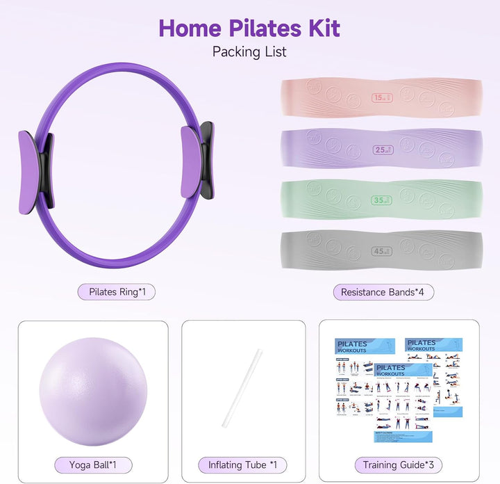 Umfassendes Pilates Set mit Pilates Ring, 4 Widerstandsbändern (15, 25, 35, 45 lbs), Platzfester Min