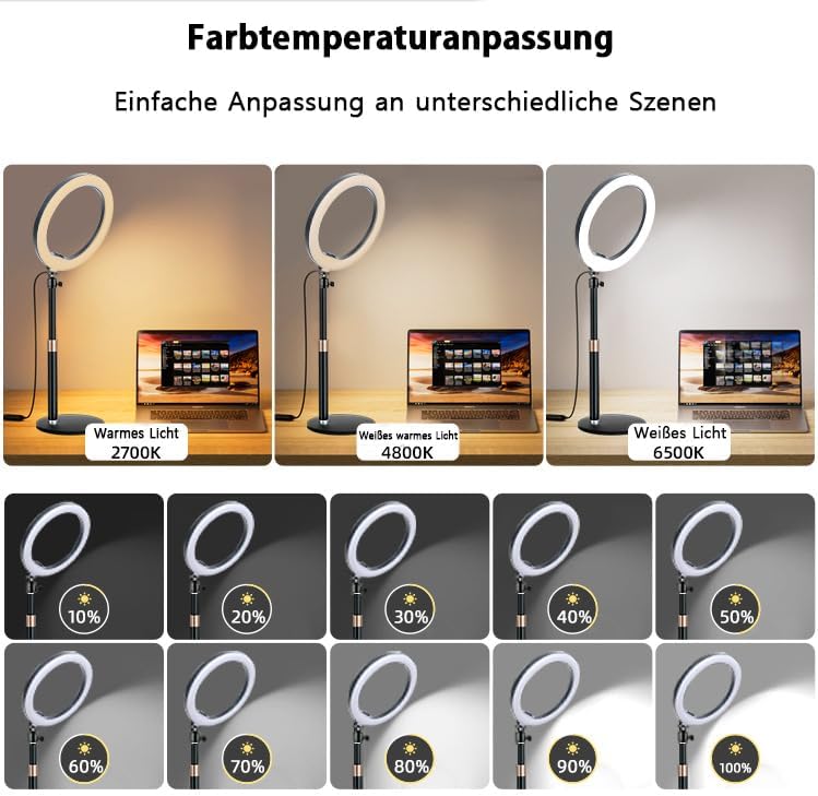 BRAVECOW Ringlicht mit Stativ, 10.5” Selfie Ringlicht,Streaming Licht Videolicht mit 3 Lichtfarben u