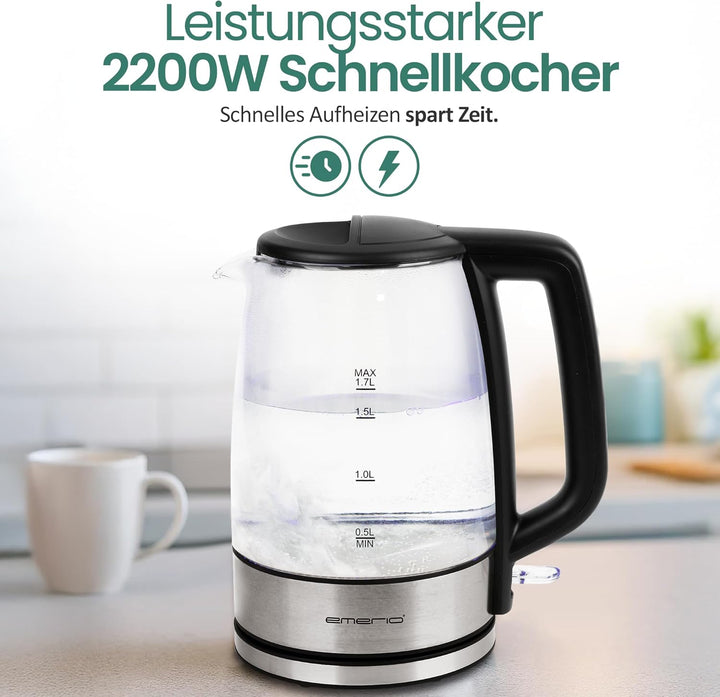 EMERIO Glas Wasserkocher mit 1.7 Liter Volumen | 2200 Watt | blaue LED Innenbeleuchtung | 360° Basis
