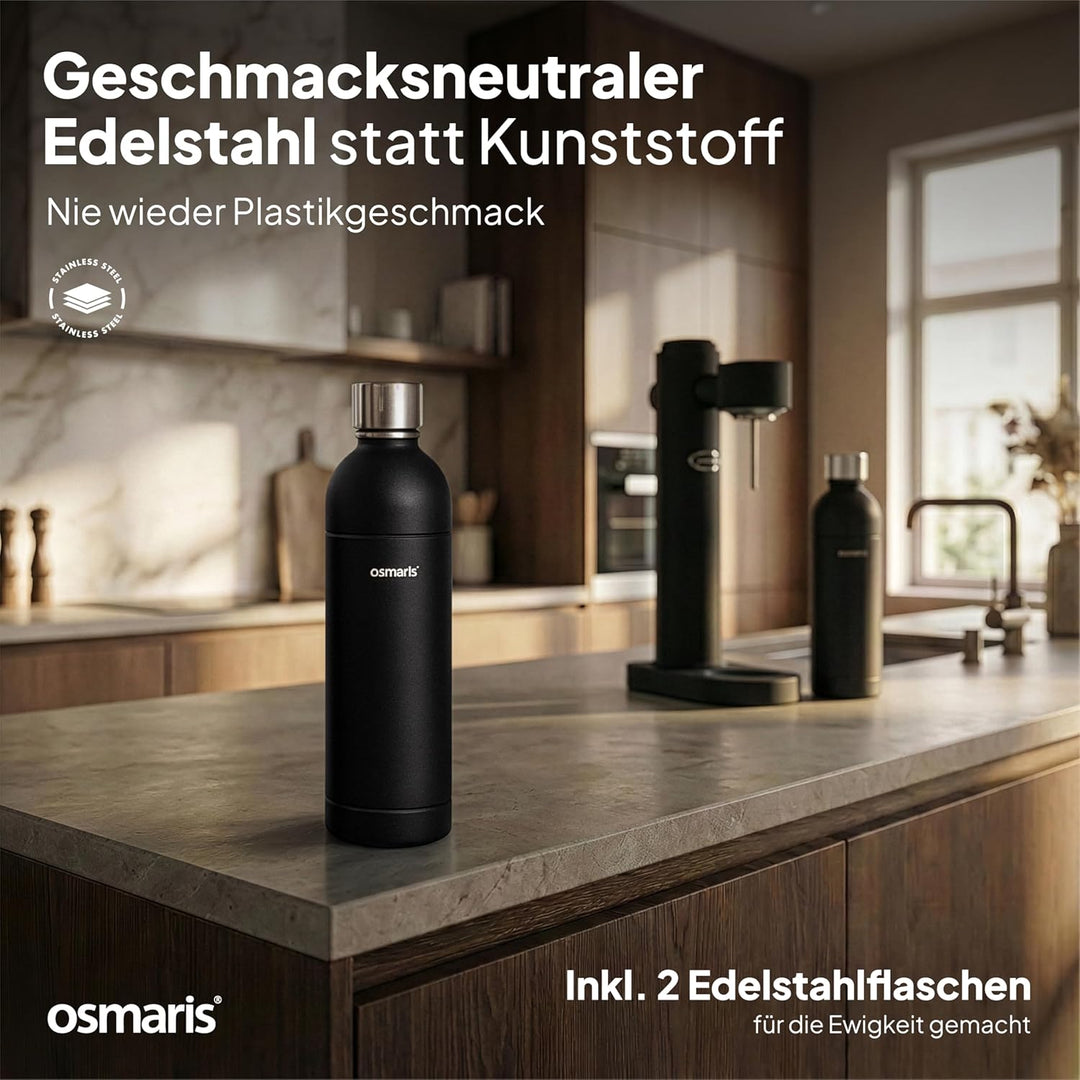 Wassersprudler aus hochwertigem Edelstahl - Design Soda Maker inkl. 2x 1,1 L Edelstahlflaschen - ges