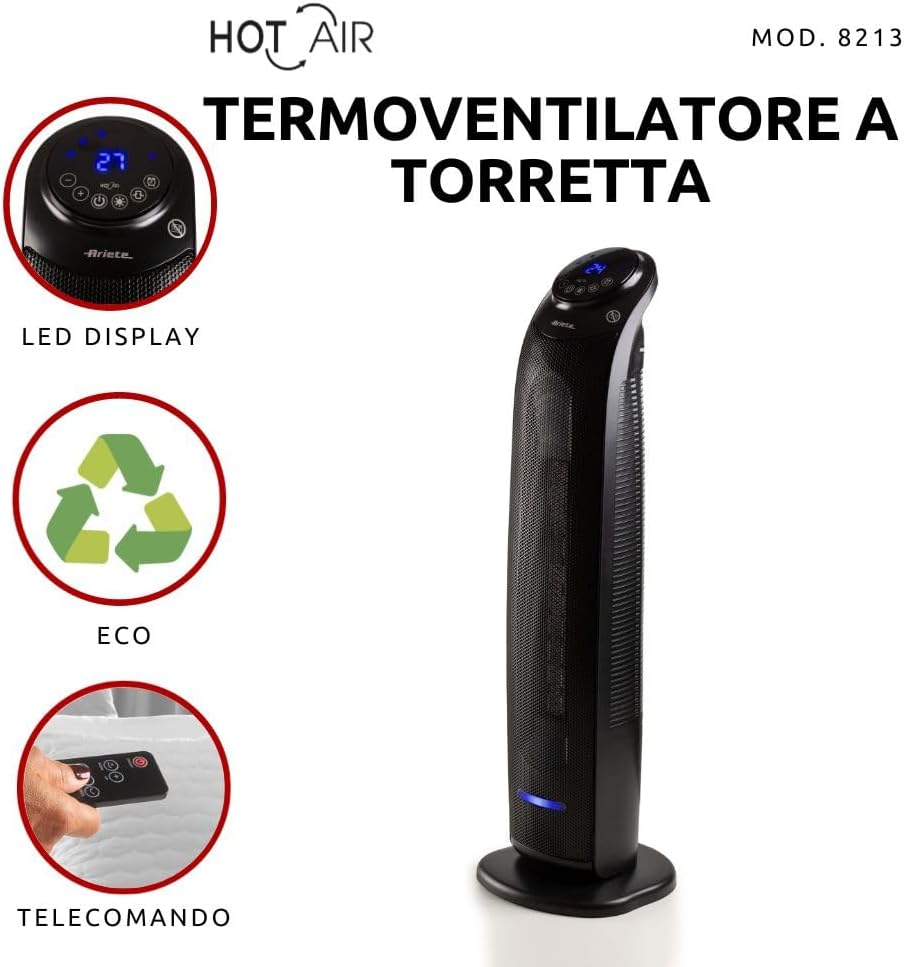 Ariete 8213 Turm-Heizlüfter, 2200 W, 3 Geschwindigkeitsstufen, Timer bis zu 8 Stunden, Ventilationsf