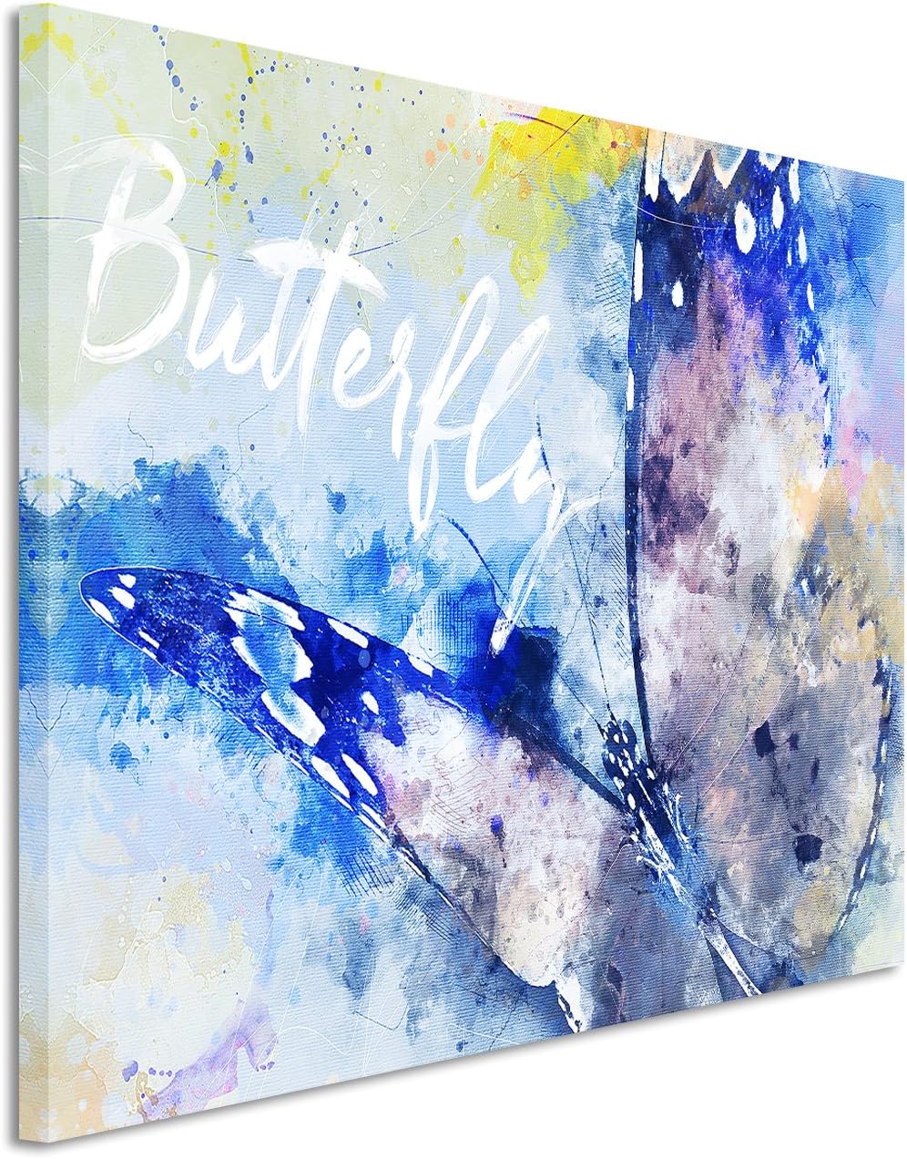 Paul Sinus Art Bild Leinwand 120x80cm Schmetterling im Flug in Blautönen mit Kalligraphie, 120x80cm