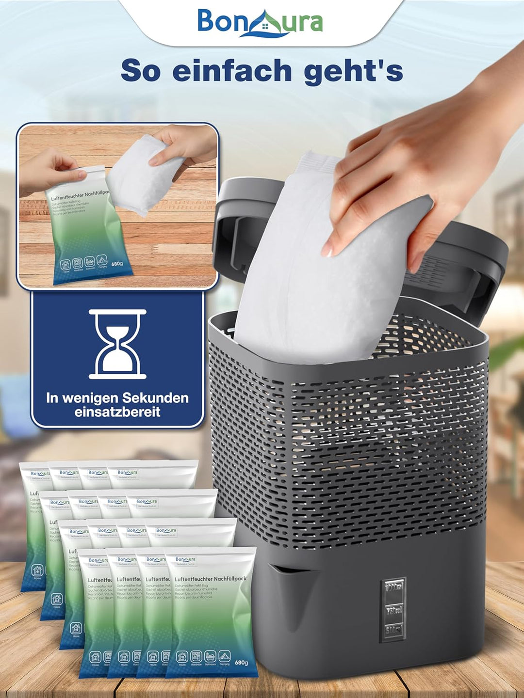 BonAura® AirOne Luftentfeuchter Nachfüllpack I 12er Set 680g Luftentfeuchter Granulat I Entfeuchter