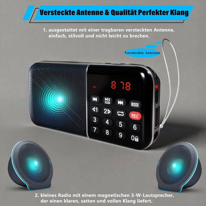 Kleines Digitalradio, Mini FM Radio mit Autosuche, eingebauter wiederaufladbarer Akku und MP3-Wieder