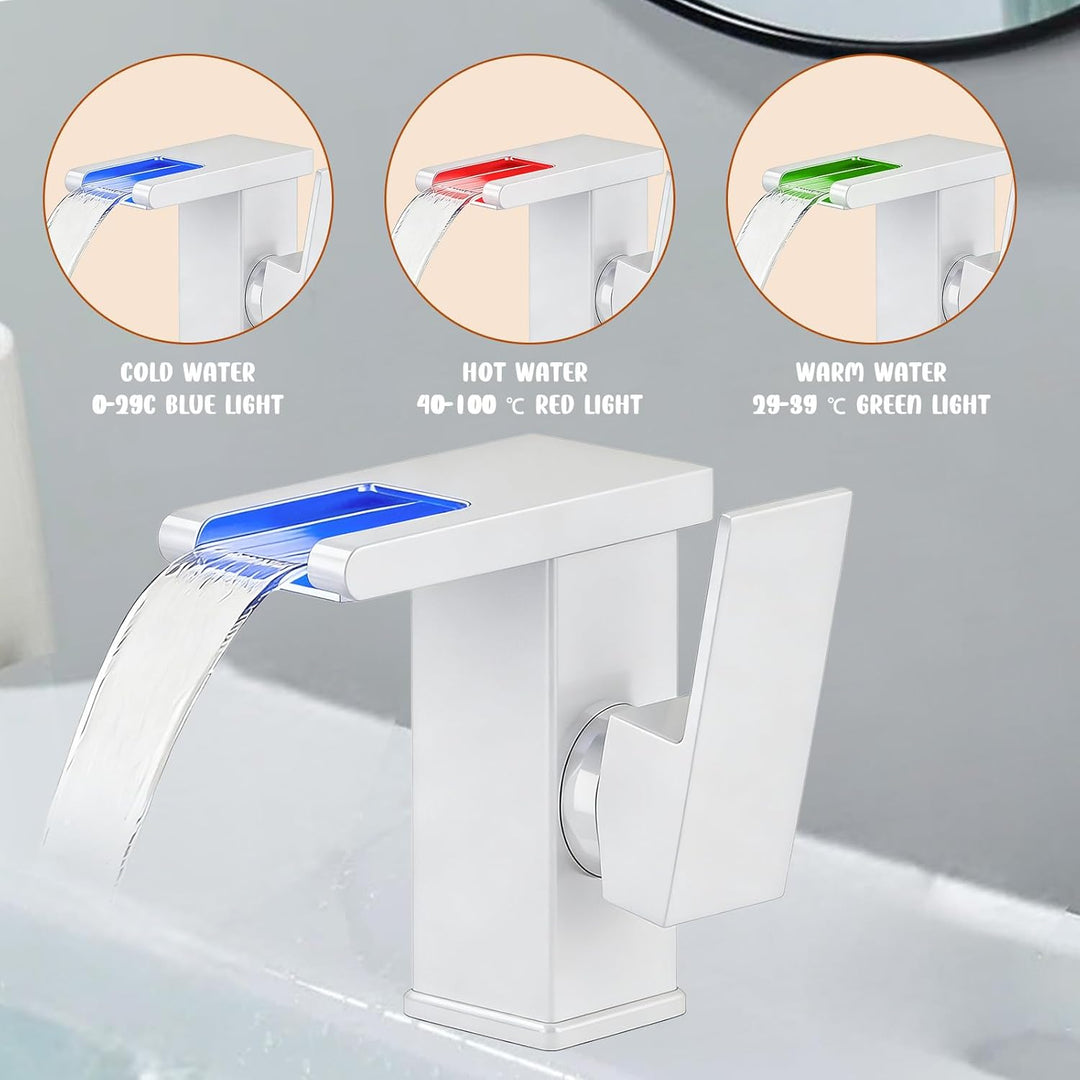 LED Lichter Bad Wasserhahn Verchromt, Wasserfall Armatur, 3 Farbe Waschbeckenarmatur, Warm- und Kalt