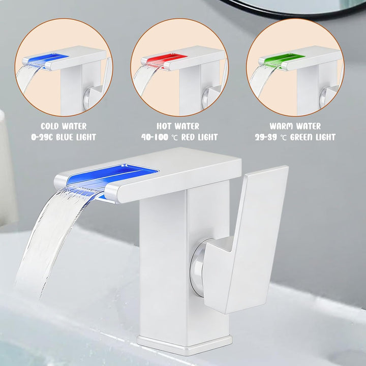 LED Lichter Bad Wasserhahn Verchromt, Wasserfall Armatur, 3 Farbe Waschbeckenarmatur, Warm- und Kalt