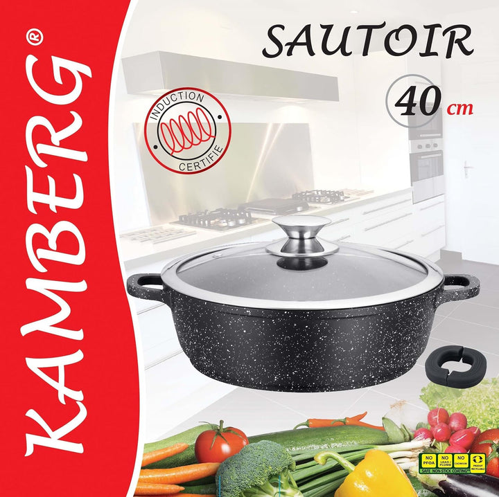Kamberg – 0008044 – Kochtopf 40 cm – Aluminiumguss – Beschichtung in Steinoptik – Mit Glasdeckel – F