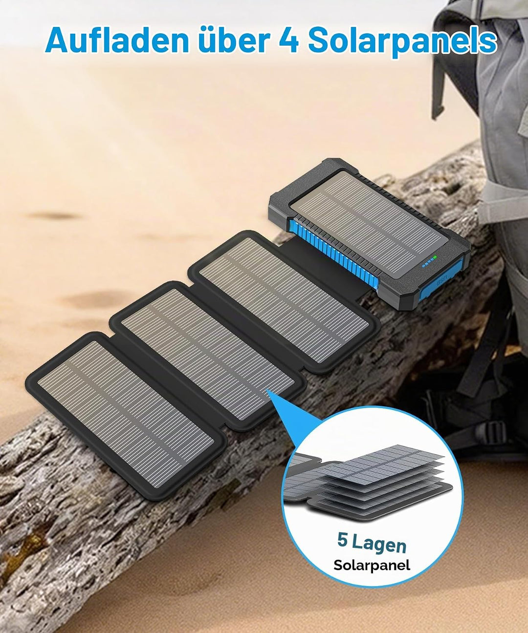 Solar Powerbank 26800 mAh, Powerbank USB-C 18W Schnellladung für iPhone Samsung und mehr, IPX7 wasse