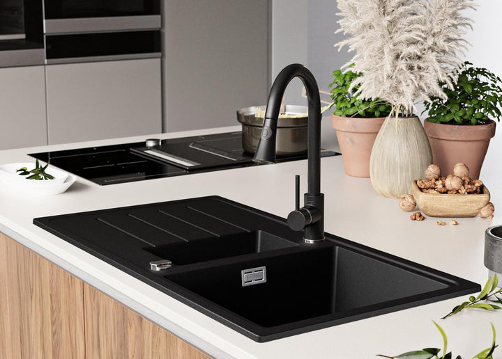 Spülbecken Schwarz 90 x 50 cm, Granitspüle + Küchenarmatur + Ablauf-Set, Küchenspüle ab 60er Untersc