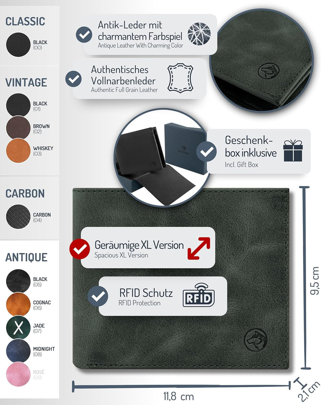 Wolfstrøm Geldbörse Herren Leder 'Nørge XL' – Tri-Fold Herren-Portemonnaie RFID-Blocker – 8 Karten-F