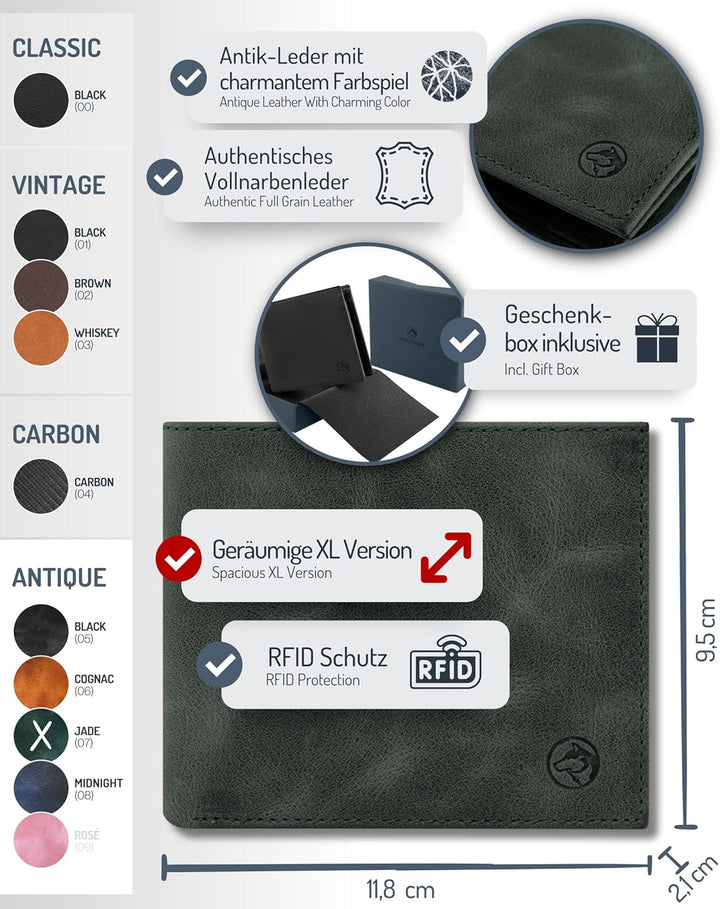 Wolfstrøm Geldbörse Herren Leder 'Nørge XL' – Tri-Fold Herren-Portemonnaie RFID-Blocker – 8 Karten-F
