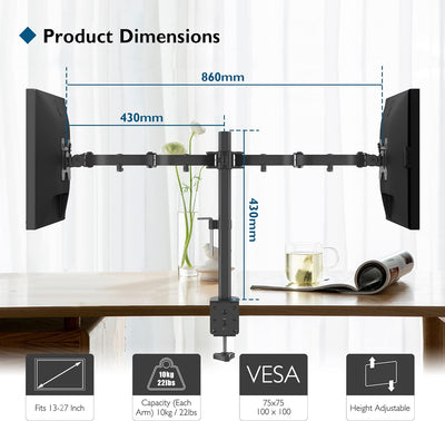 BONTEC Monitor Halterung 2 Monitore für 13-27 Zoll Flach & Curved Bildschirm, Monitor Tischhalterung