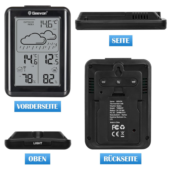 Geevon Wetterstation Funk mit Aussensensor, einfache Bedienung, präzise Wettervorhersage, zuverlässi