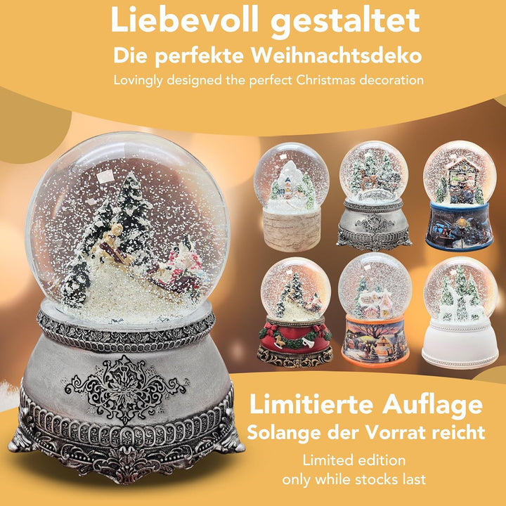 Nostalgie Schneekugel Weihnachtsmann im Schlitten im Winterwald * auf Silber Sockel mit Landschaft *