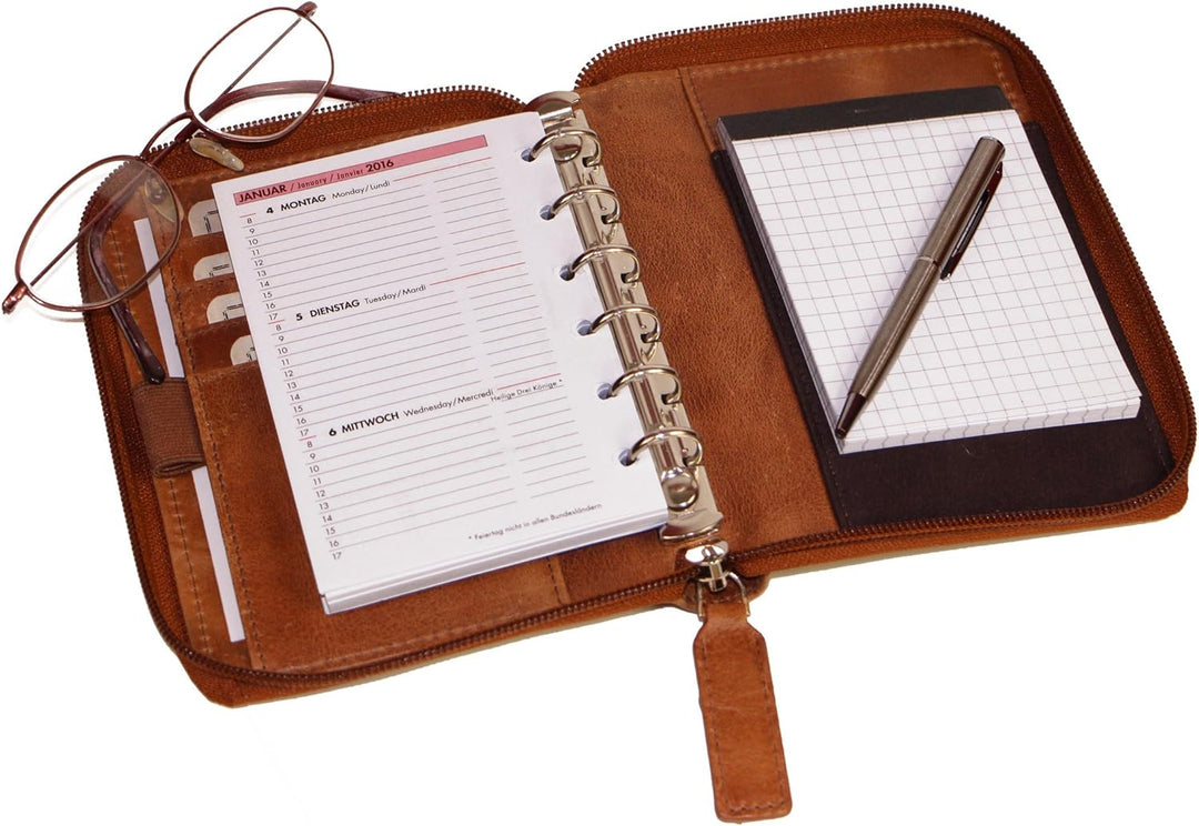 ALMADIH Leder A7 Organizer mit Reissverschluss + Kalender 2025 2026 Notizblock Premium Rindsleder Br