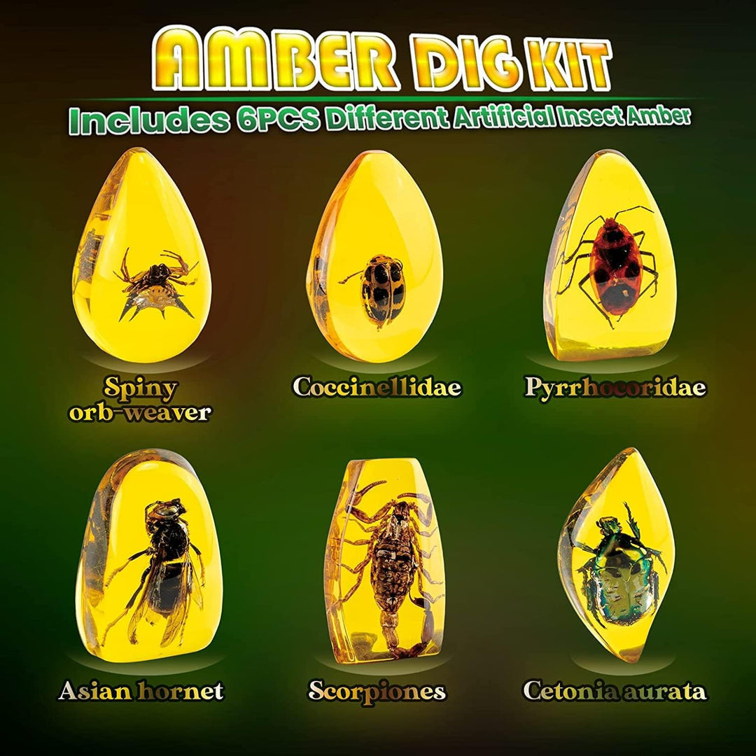 AMOSTING Bernstein Ausgrabungsset für Kinder ab 6 7 8 9 10-12 Jahren, Künstliche Insektenfossilien,