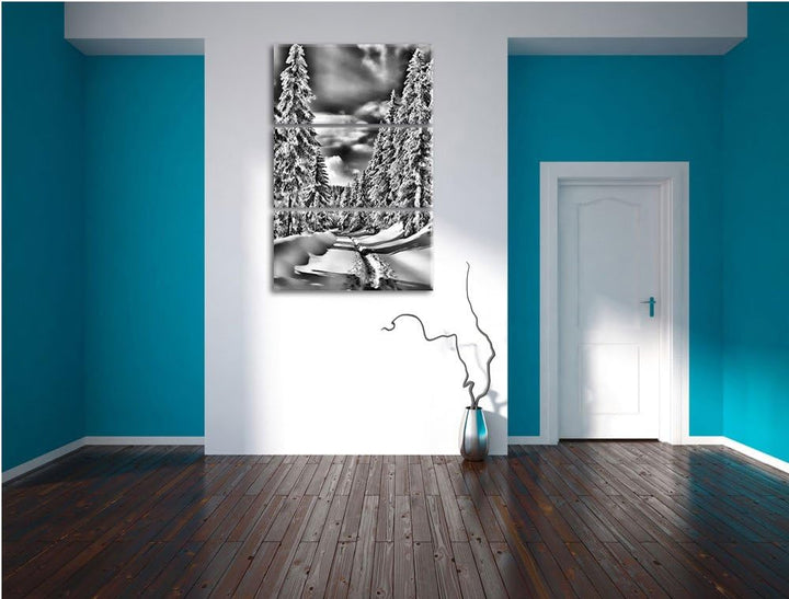 Pixxprint Monocrome, Winterlandschaft Bäume 3-Teiler Leinwandbild 120x80 Bild auf Leinwand