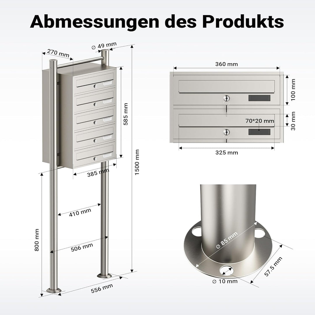 Wiltec 5er Briefkastenanlage Edelstahl 556 x 270 x 1500 mm, Standbriefkasten mit 5 Fächern, Schlüsse