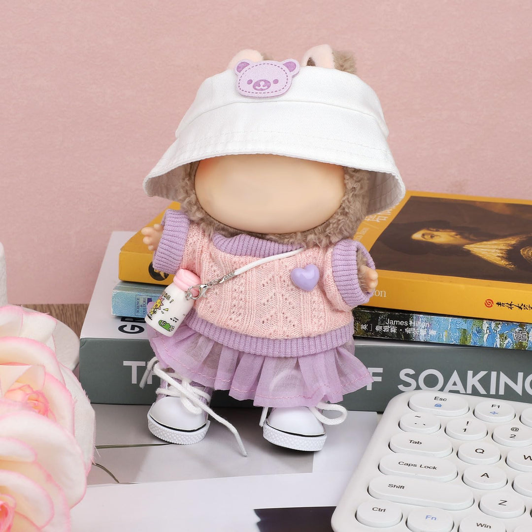 BOXOB Plüschpuppen Kleidung Set, 5stk Kawaii Outfit Enthält Pullover, Lila Tüllrock, Hut, Kleine Was