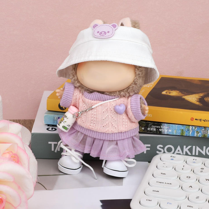 BOXOB Plüschpuppen Kleidung Set, 5stk Kawaii Outfit Enthält Pullover, Lila Tüllrock, Hut, Kleine Was