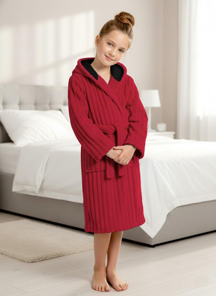 JiAmy Kapuzen Bademantel für Mädchen Flauschiger Fleece Plüsch Langer Schlafmantel Kinder Rot 7-9 Ja