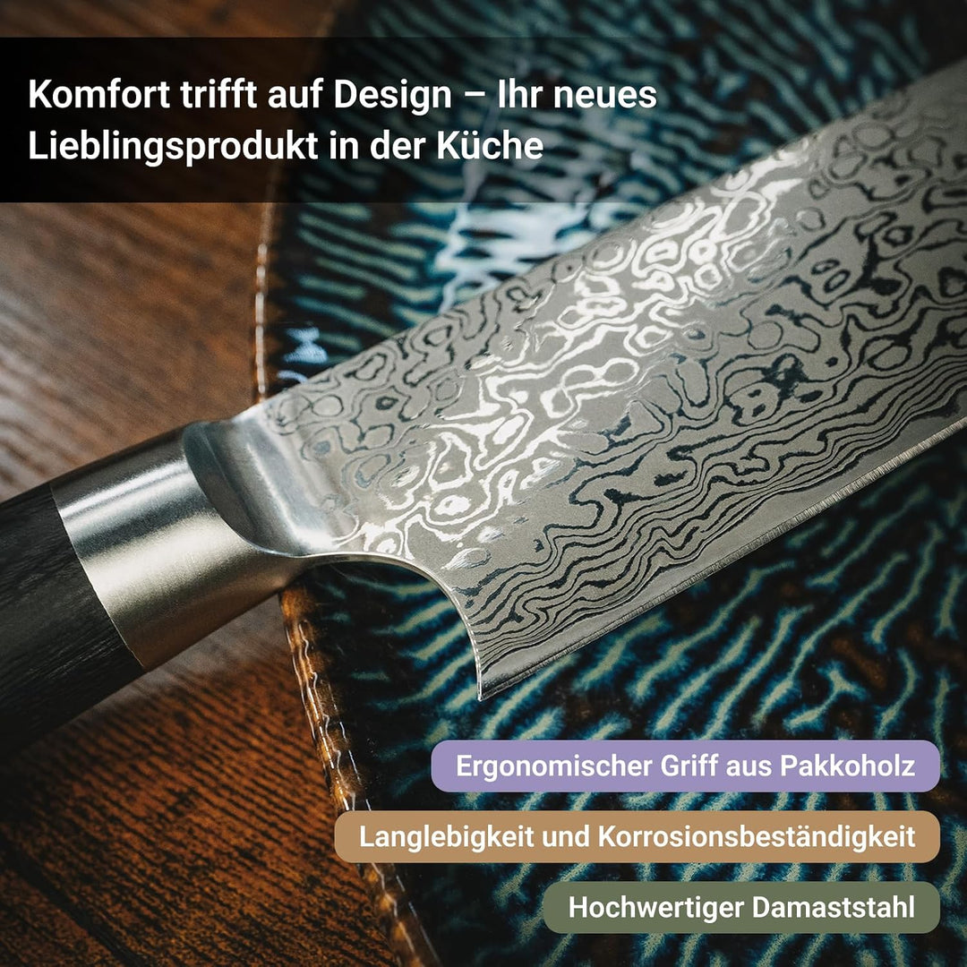 FIVI Damast Kiritsukemesser YUNO | Präzises Küchenmesser aus VG10 Damaszenerstahl (60 HRC) mit Rever