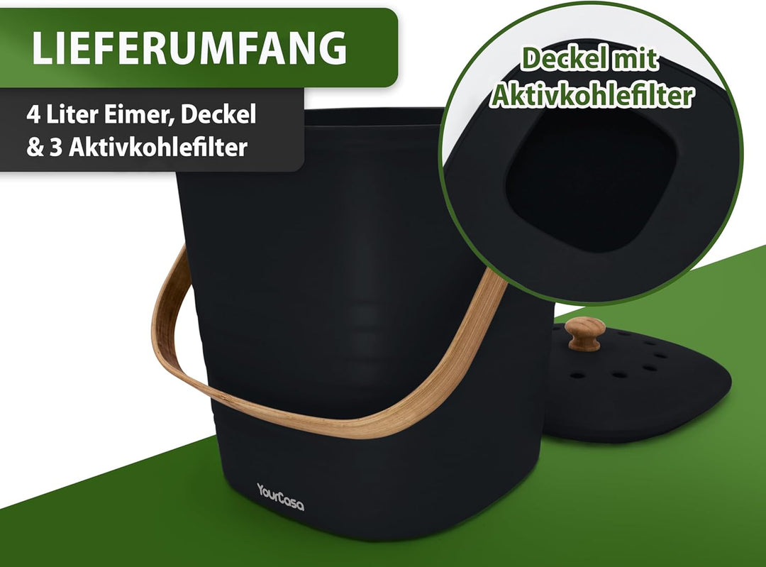YourCasa Biomülleimer Küche klein 4L geruchsdicht für Biomüll - Komposteimer mit Aktivkohlefilter -