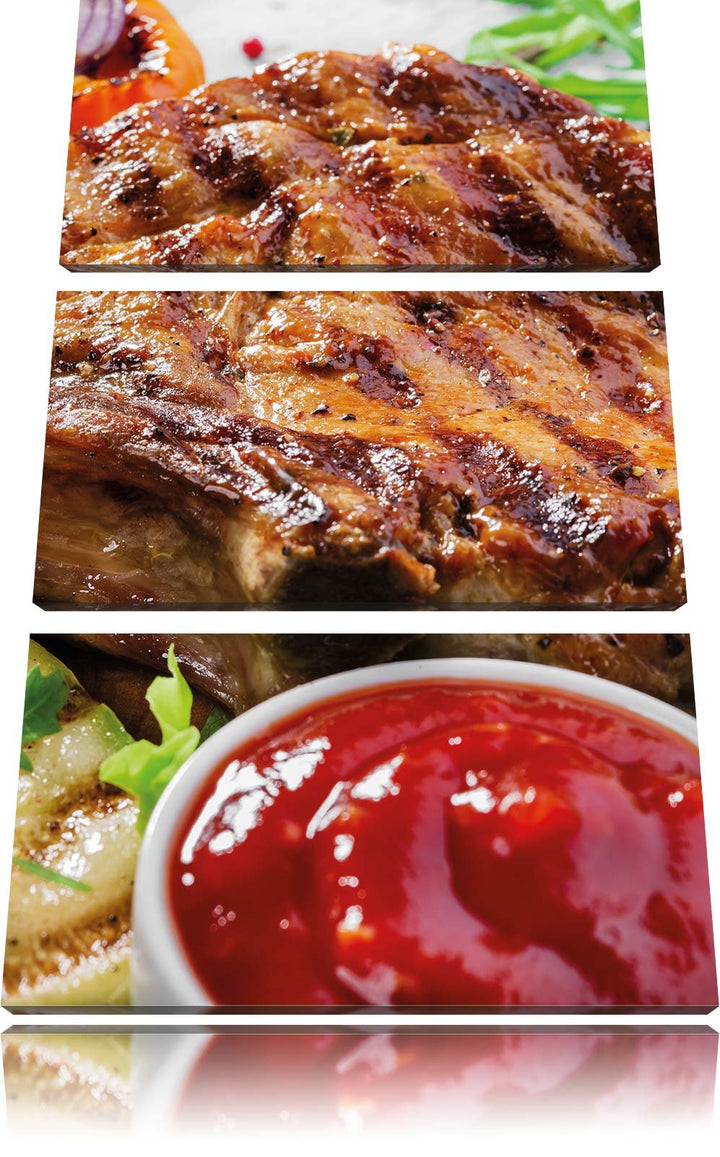 Pixxprint Gegrilltes Steak als Leinwandbild/Grösse: 3 Teilig (120x80) cm/Wandbild/Kunstdruck/fertig