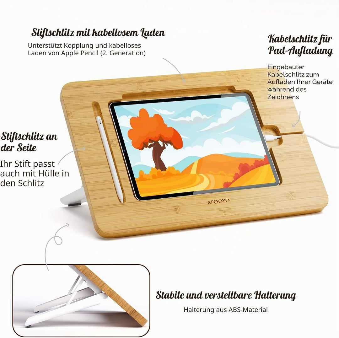 AFOOYO Tablet-Ständer, verstellbar, faltbar, tragbar, für Schreibtisch, Bambus, Holz, kompatibel mit