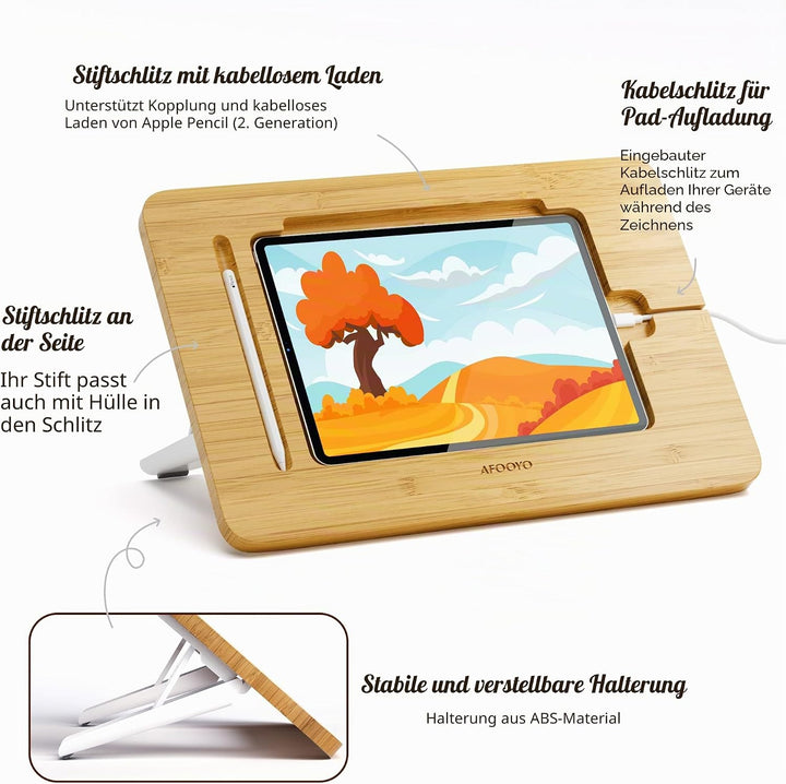 AFOOYO Tablet-Ständer, verstellbar, faltbar, tragbar, für Schreibtisch, Bambus, Holz, kompatibel mit