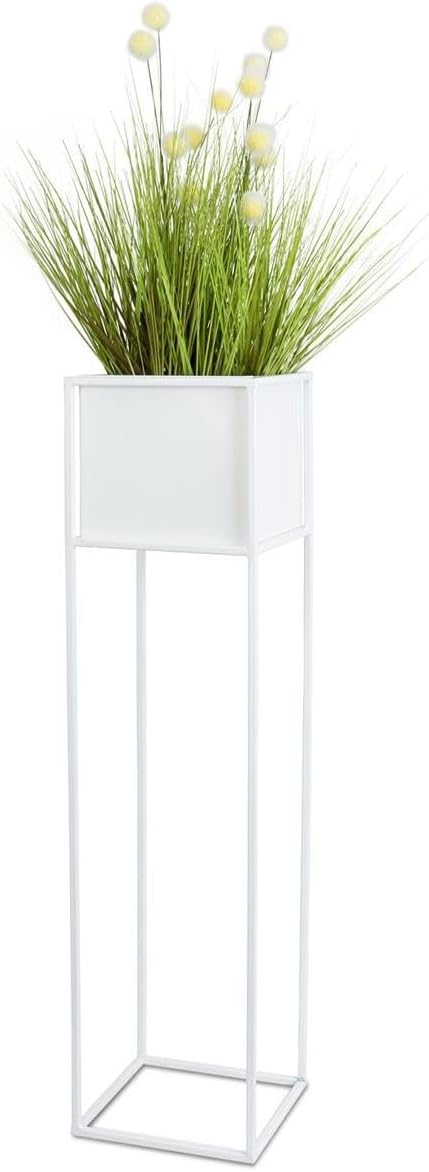 HowHomely Weiss Blumenständer Metall | Pflanzenständer 100 cm Hoch mit Metall Box 19,5 x 20,5 cm | B