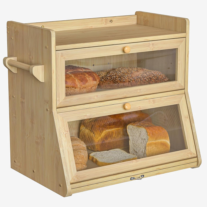 Brotkasten Bambus 2 Etagen, Bambus Brotkasten Holz mit Schneidebrett, Eco Brotbox Brotkorb mit Belüf