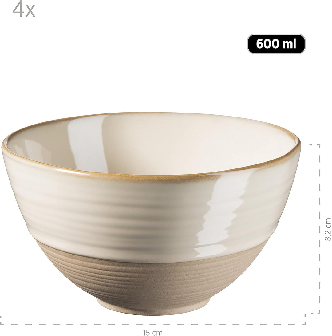 MÄSER Serie Nottingham, 4er Müslischalen Set mit filigranem Linienspiel und edler Glasur, 4 Schalen